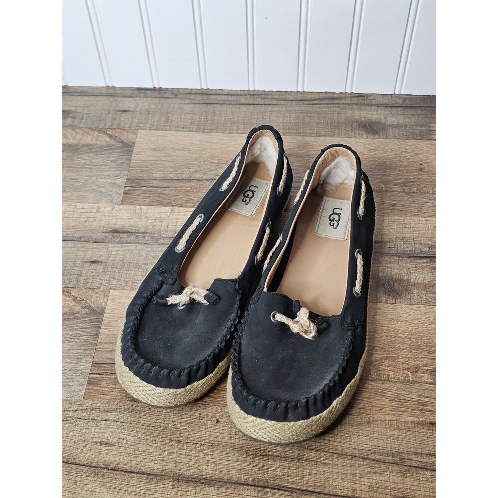 Ugg Australia Women's Black Chivon Leather‎ Moccasin Flat Shoes 8.5 Nautical